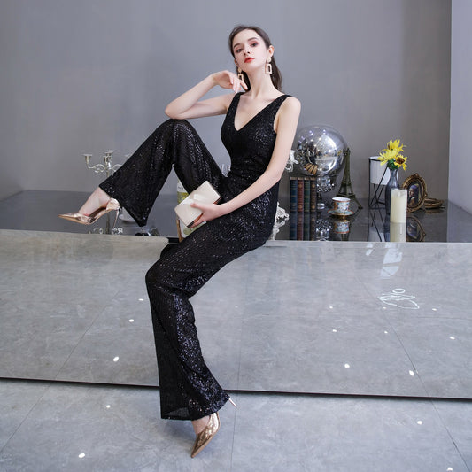 Women's Sequin Deep-V Jumpsuit - Glamorous Wide-Leg Evening Romper