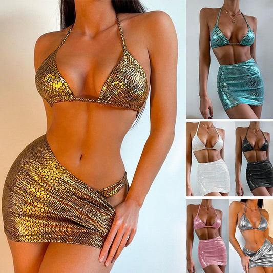 Women's 3-Piece Snake Pattern Bikini Set with Cover-Up Skirt