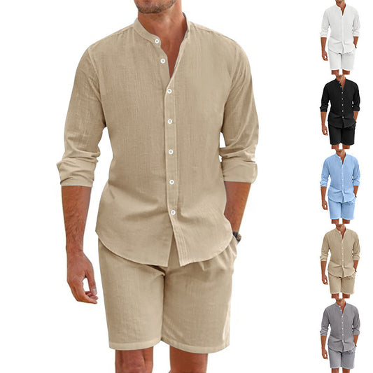 Men's Linen Blend Two-Piece Set - Lightweight Shirt & Shorts Outfit