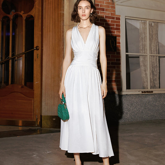 Women's Vintage V-Neck Maxi Dress - Elegant Acetate Blend Long Dress