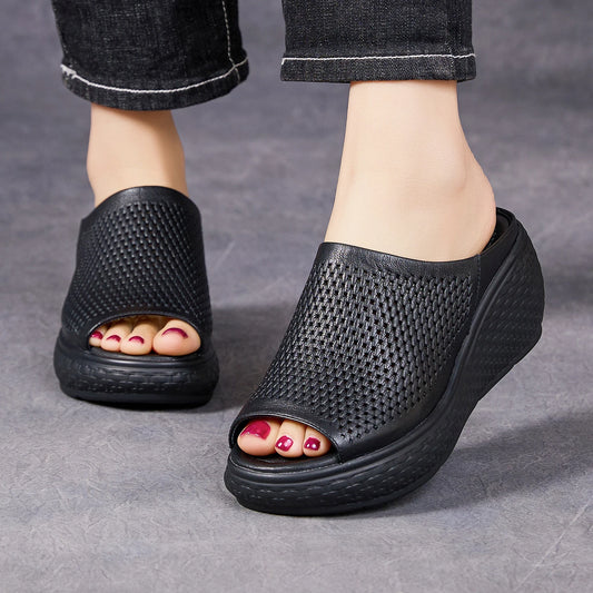 Amalfi Luxe Leather Wedge Slides – Women's Genuine Leather Platform Sandals